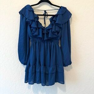 Abercrombie & Fitch Navy Blue Long Sleeve Mini Dress with Ruffles and Tie back